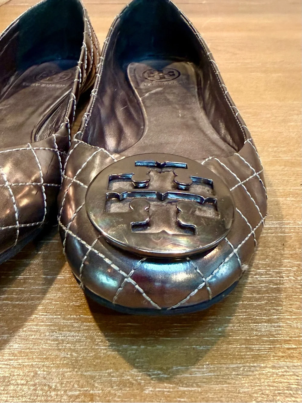 Tory‎ Burch Quinn Women’s Quilted Leather Ballet Flat Silver Metallic Size 10